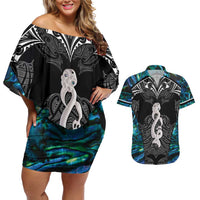 New Zealand Aotearoa Couples Matching Off Shoulder Short Dress and Hawaiian Shirt Maori Taniwha Paua Shell