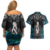 New Zealand Aotearoa Couples Matching Off Shoulder Short Dress and Hawaiian Shirt Maori Taniwha Paua Shell