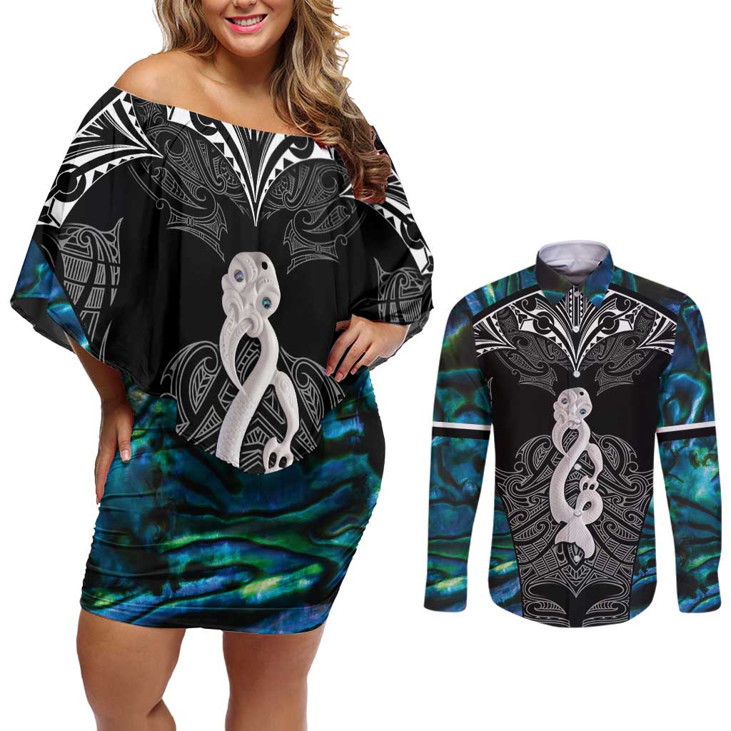 New Zealand Aotearoa Couples Matching Off Shoulder Short Dress and Long Sleeve Button Shirt Maori Taniwha Paua Shell