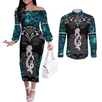 New Zealand Aotearoa Couples Matching Off The Shoulder Long Sleeve Dress and Long Sleeve Button Shirt Maori Taniwha Paua Shell