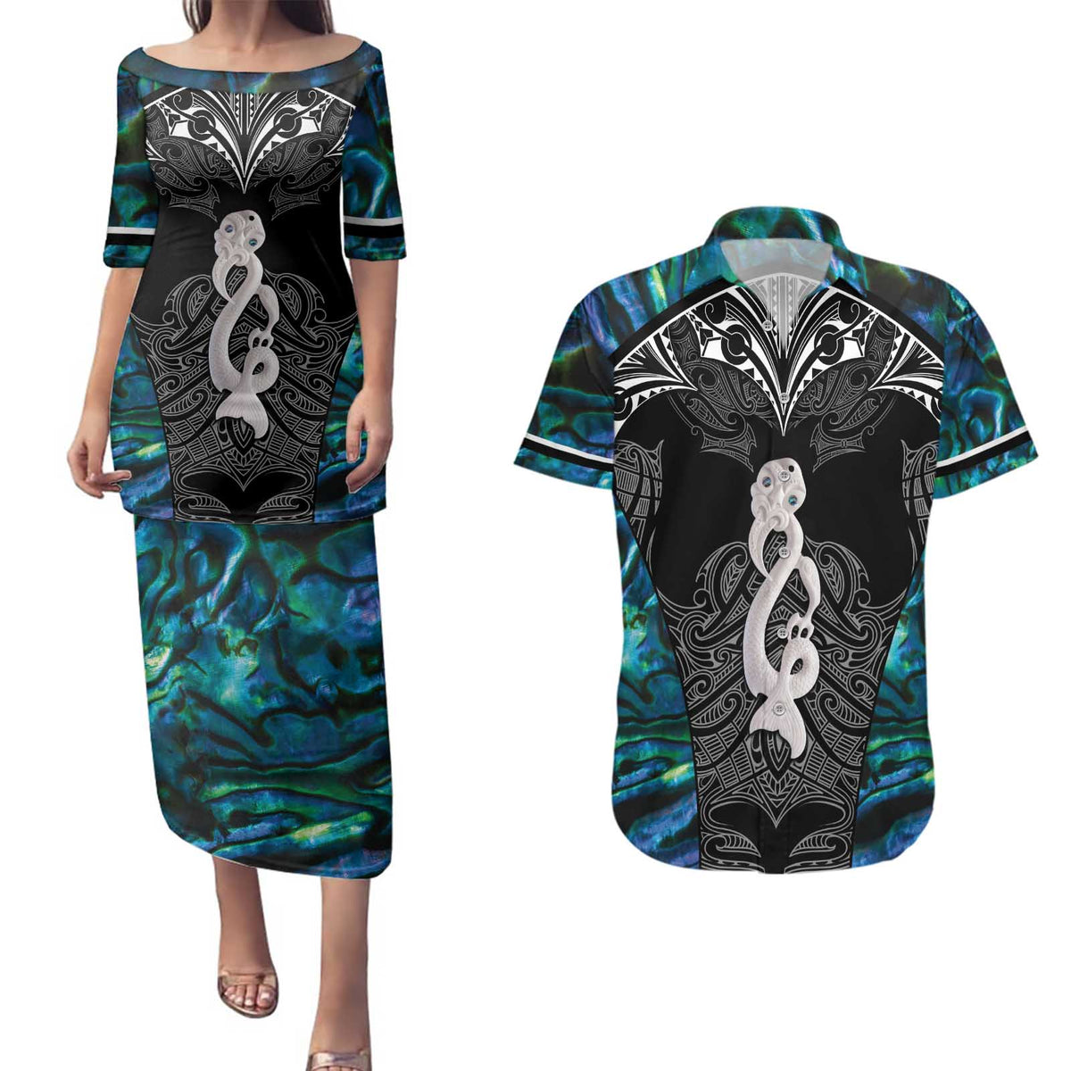 New Zealand Aotearoa Couples Matching Puletasi and Hawaiian Shirt Maori Taniwha Paua Shell