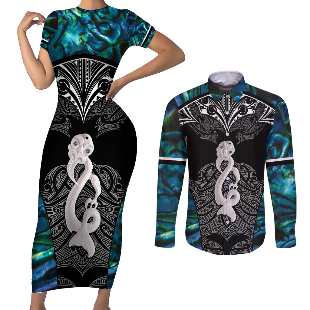 New Zealand Aotearoa Couples Matching Short Sleeve Bodycon Dress and Long Sleeve Button Shirt Maori Taniwha Paua Shell
