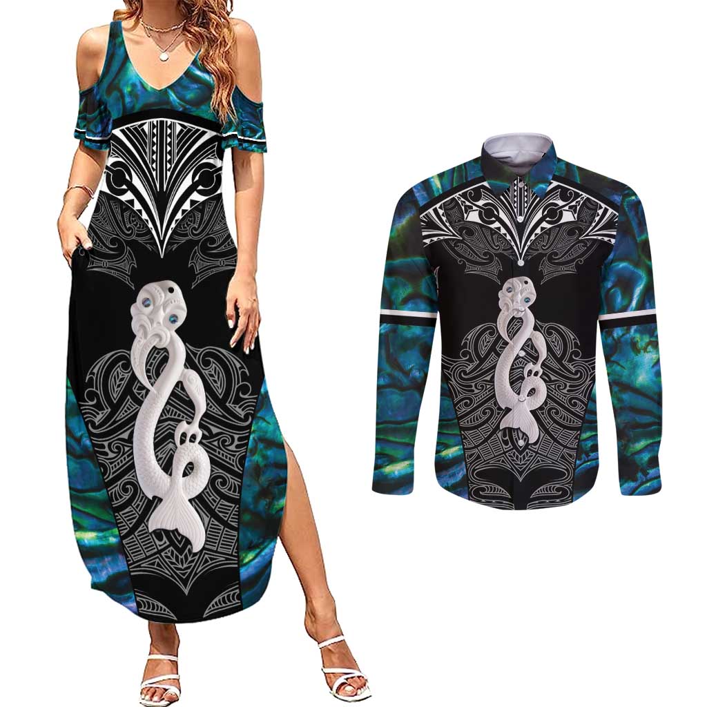 New Zealand Aotearoa Couples Matching Summer Maxi Dress and Long Sleeve Button Shirt Maori Taniwha Paua Shell