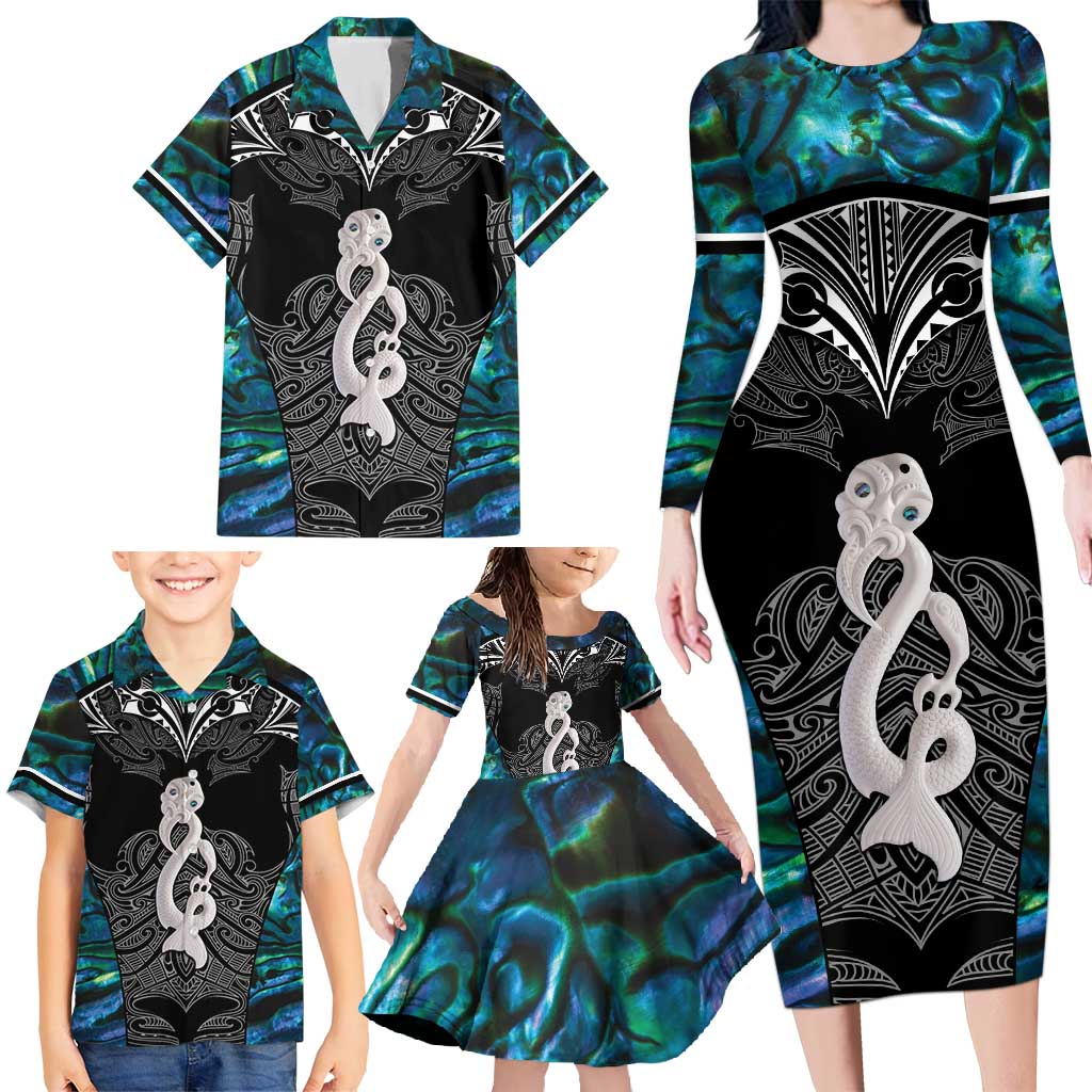 New Zealand Aotearoa Family Matching Long Sleeve Bodycon Dress and Hawaiian Shirt Maori Taniwha Paua Shell LT05 - Polynesian Pride