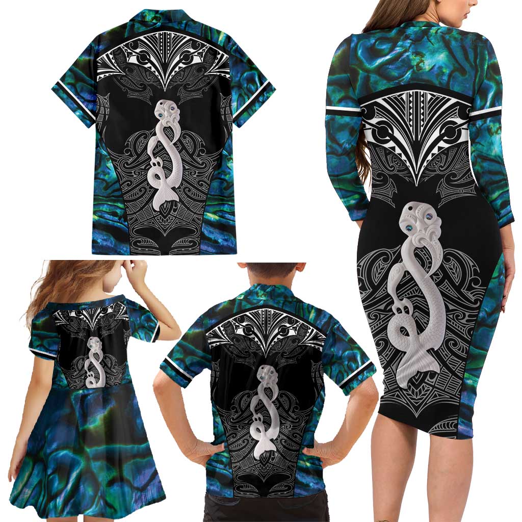 New Zealand Aotearoa Family Matching Long Sleeve Bodycon Dress and Hawaiian Shirt Maori Taniwha Paua Shell LT05 - Polynesian Pride