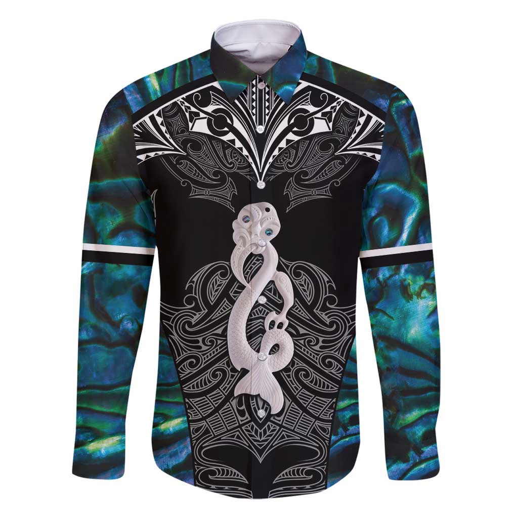 New Zealand Aotearoa Family Matching Mermaid Dress and Hawaiian Shirt Maori Taniwha Paua Shell LT05 Dad's Shirt - Long Sleeve Black - Polynesian Pride