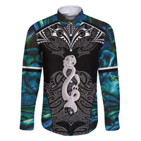 New Zealand Aotearoa Family Matching Mermaid Dress and Hawaiian Shirt Maori Taniwha Paua Shell LT05 Dad's Shirt - Long Sleeve Black - Polynesian Pride