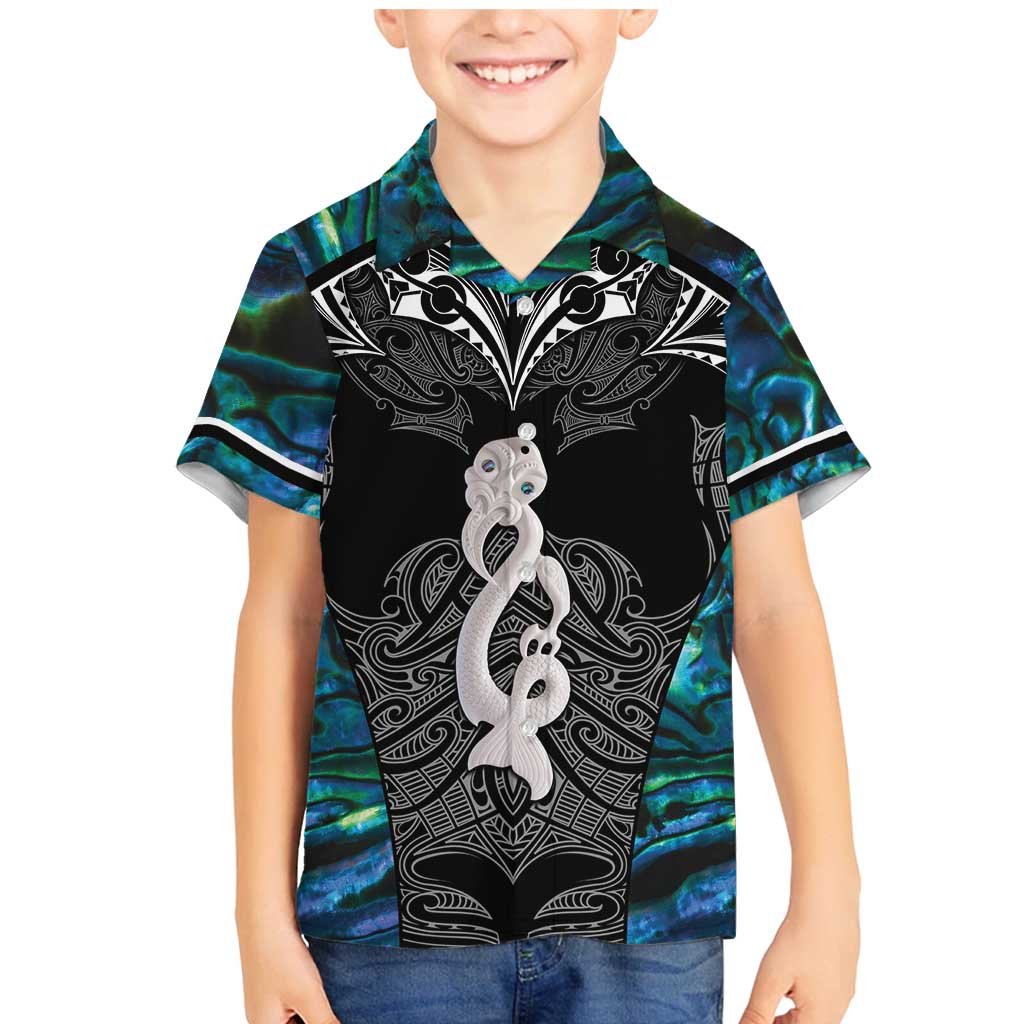 New Zealand Aotearoa Family Matching Mermaid Dress and Hawaiian Shirt Maori Taniwha Paua Shell LT05 Son's Shirt Black - Polynesian Pride