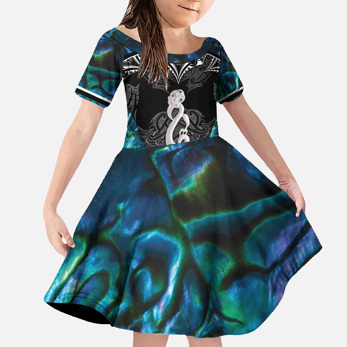 New Zealand Aotearoa Family Matching Off The Shoulder Long Sleeve Dress and Hawaiian Shirt Maori Taniwha Paua Shell LT05 Daughter's Dress Black - Polynesian Pride