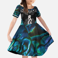 New Zealand Aotearoa Family Matching Off The Shoulder Long Sleeve Dress and Hawaiian Shirt Maori Taniwha Paua Shell LT05 Daughter's Dress Black - Polynesian Pride
