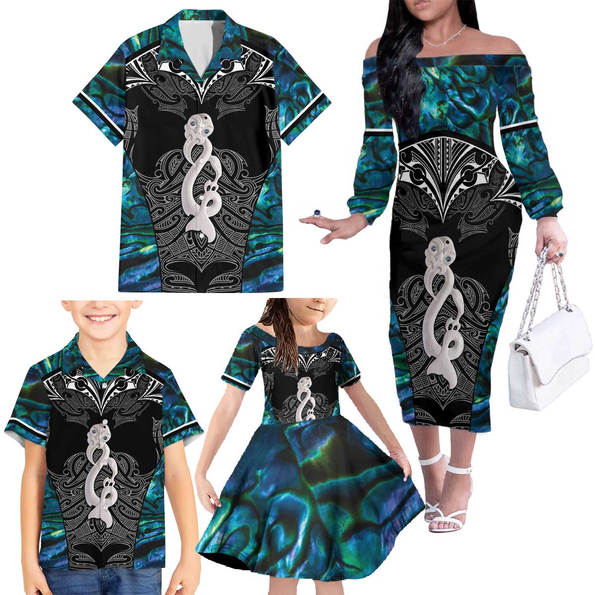 New Zealand Aotearoa Family Matching Off The Shoulder Long Sleeve Dress and Hawaiian Shirt Maori Taniwha Paua Shell LT05 - Polynesian Pride