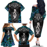New Zealand Aotearoa Family Matching Off The Shoulder Long Sleeve Dress and Hawaiian Shirt Maori Taniwha Paua Shell LT05 - Polynesian Pride