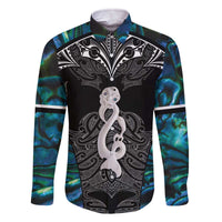 New Zealand Aotearoa Family Matching Off The Shoulder Long Sleeve Dress and Hawaiian Shirt Maori Taniwha Paua Shell LT05 Dad's Shirt - Long Sleeve Black - Polynesian Pride
