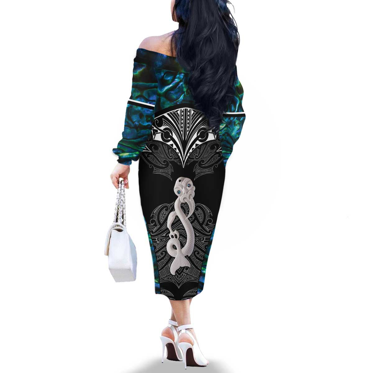 New Zealand Aotearoa Family Matching Off The Shoulder Long Sleeve Dress and Hawaiian Shirt Maori Taniwha Paua Shell LT05 - Polynesian Pride