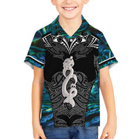 New Zealand Aotearoa Family Matching Off The Shoulder Long Sleeve Dress and Hawaiian Shirt Maori Taniwha Paua Shell LT05 Son's Shirt Black - Polynesian Pride