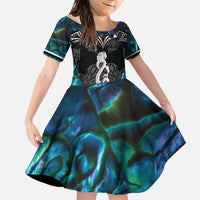 New Zealand Aotearoa Family Matching Off Shoulder Maxi Dress and Hawaiian Shirt Maori Taniwha Paua Shell LT05 Daughter's Dress Black - Polynesian Pride
