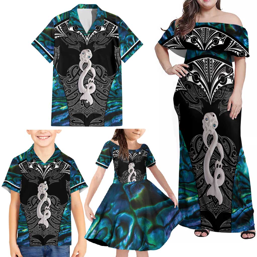 New Zealand Aotearoa Family Matching Off Shoulder Maxi Dress and Hawaiian Shirt Maori Taniwha Paua Shell LT05 - Polynesian Pride