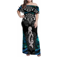 New Zealand Aotearoa Family Matching Off Shoulder Maxi Dress and Hawaiian Shirt Maori Taniwha Paua Shell LT05 Mom's Dress Black - Polynesian Pride
