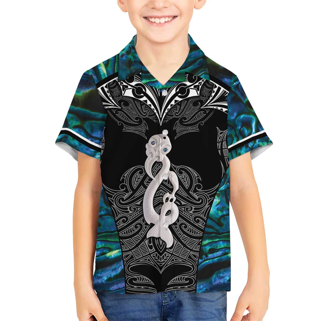 New Zealand Aotearoa Family Matching Off Shoulder Maxi Dress and Hawaiian Shirt Maori Taniwha Paua Shell LT05 Son's Shirt Black - Polynesian Pride