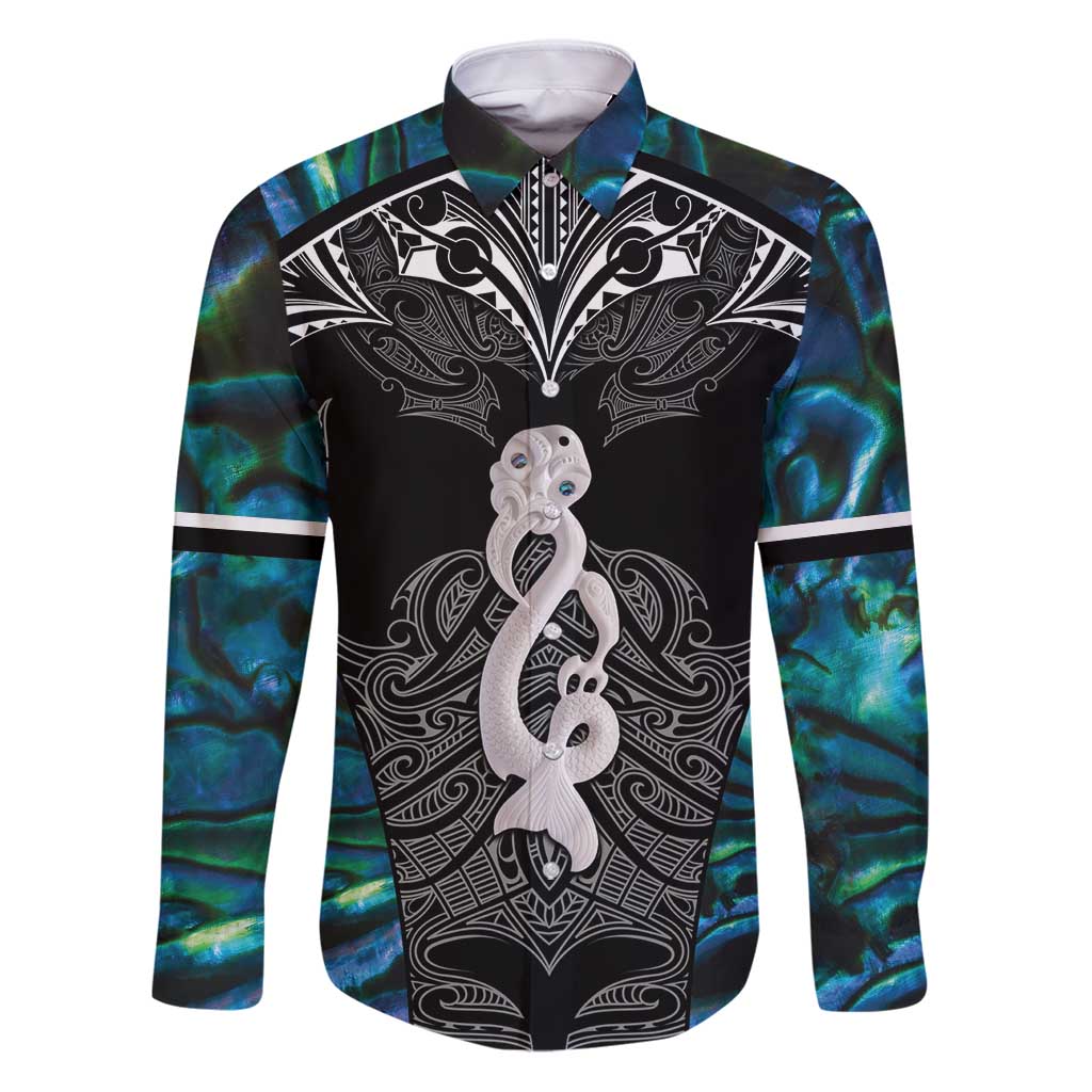 New Zealand Aotearoa Family Matching Puletasi and Hawaiian Shirt Maori Taniwha Paua Shell LT05 Dad's Shirt - Long Sleeve Black - Polynesian Pride