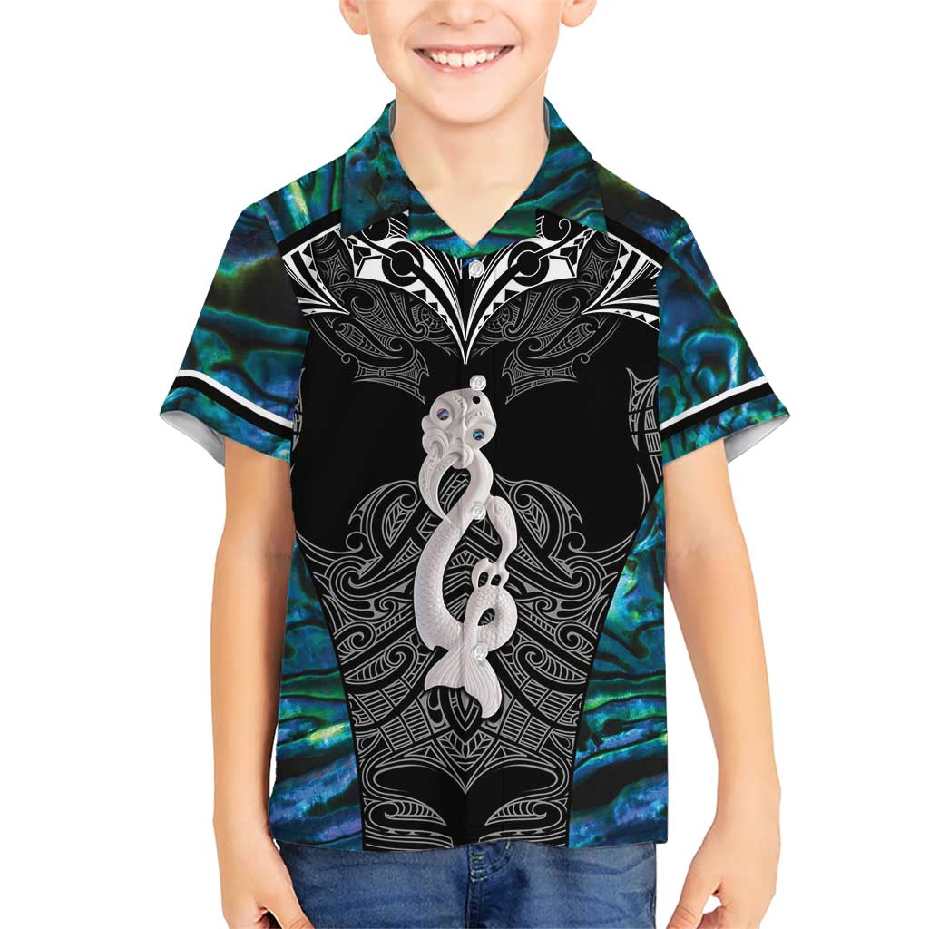 New Zealand Aotearoa Family Matching Short Sleeve Bodycon Dress and Hawaiian Shirt Maori Taniwha Paua Shell LT05 Son's Shirt Black - Polynesian Pride