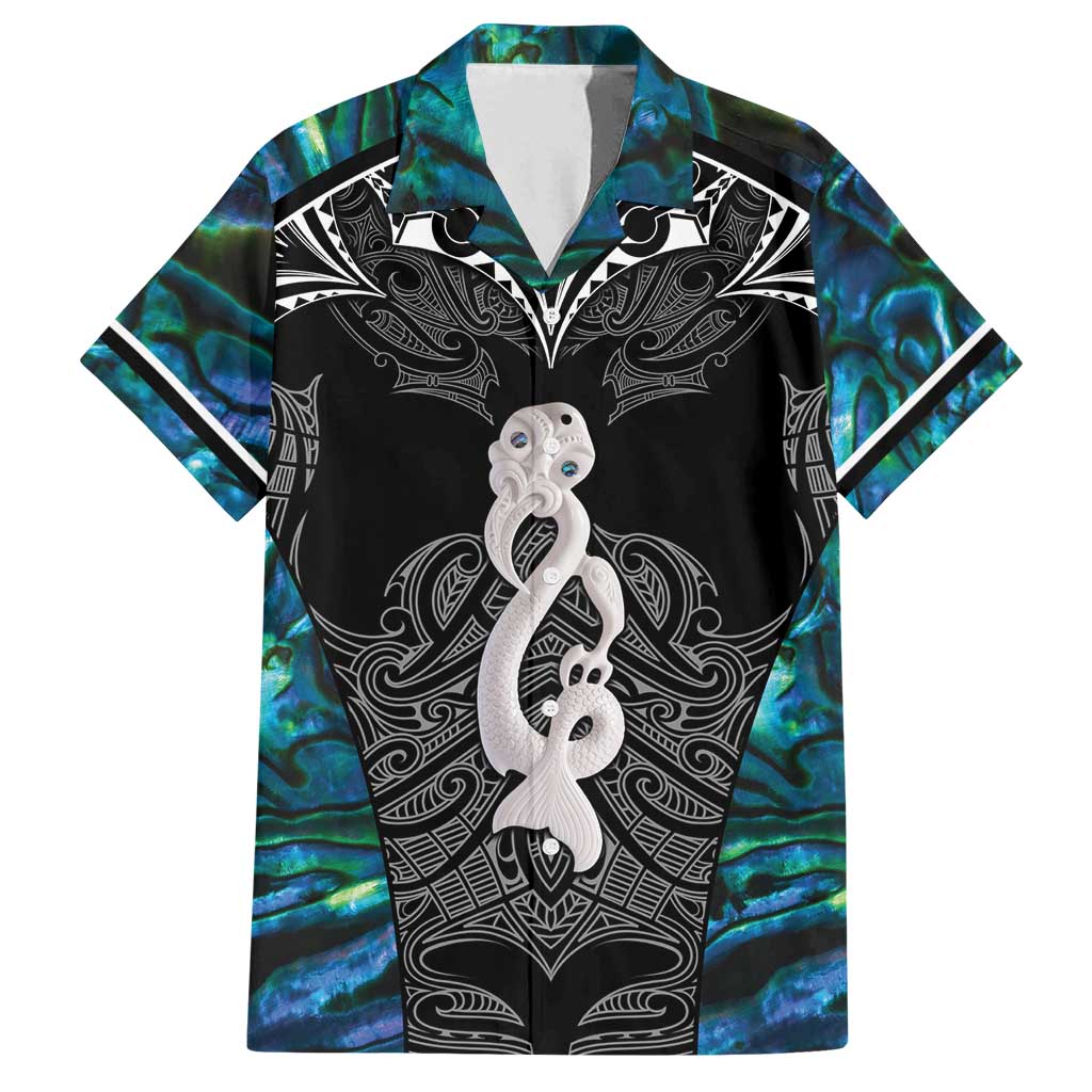 New Zealand Aotearoa Family Matching Tank Maxi Dress and Hawaiian Shirt Maori Taniwha Paua Shell LT05 Dad's Shirt - Short Sleeve Black - Polynesian Pride