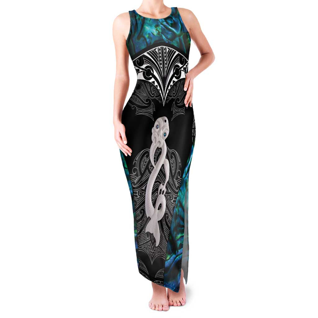 New Zealand Aotearoa Family Matching Tank Maxi Dress and Hawaiian Shirt Maori Taniwha Paua Shell LT05 Mom's Dress Black - Polynesian Pride