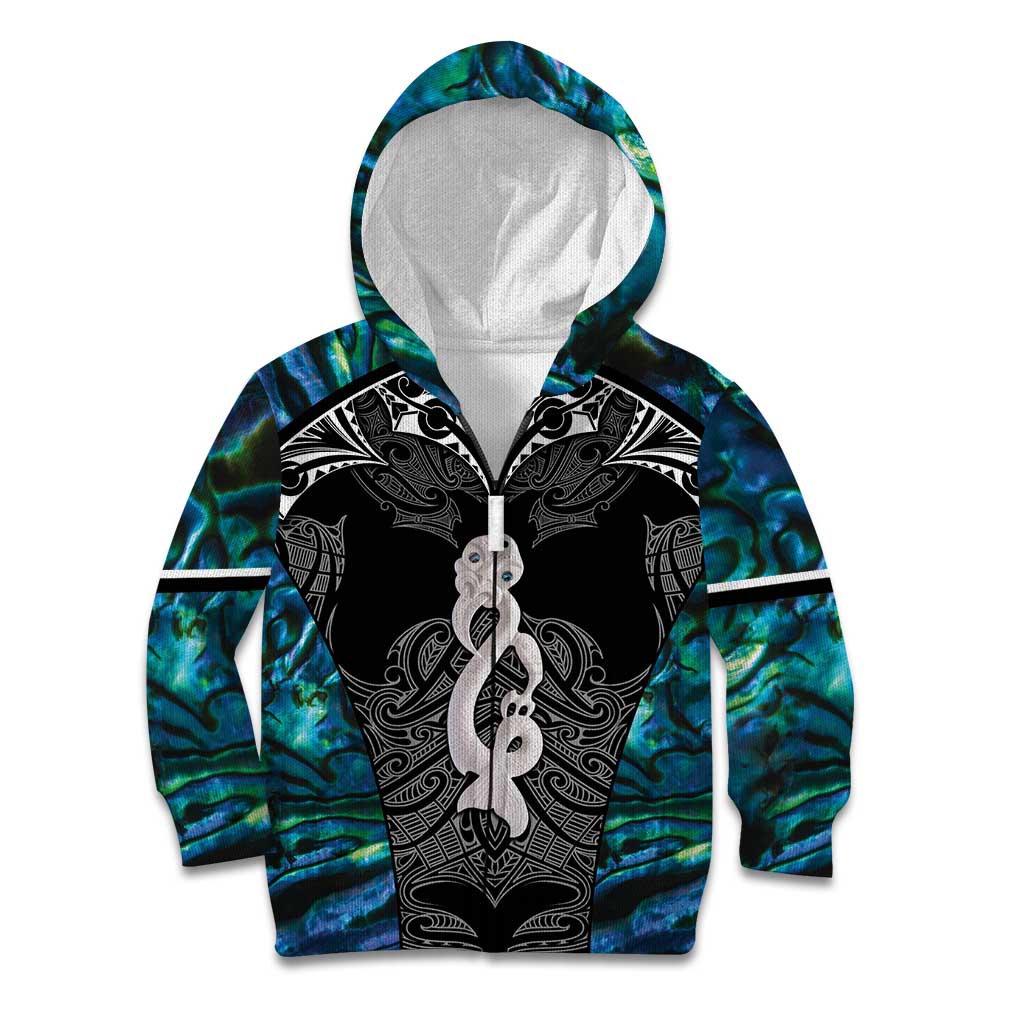 New Zealand Aotearoa Kid Hoodie Maori Taniwha Paua Shell LT05 Zip Hoodie Black - Polynesian Pride