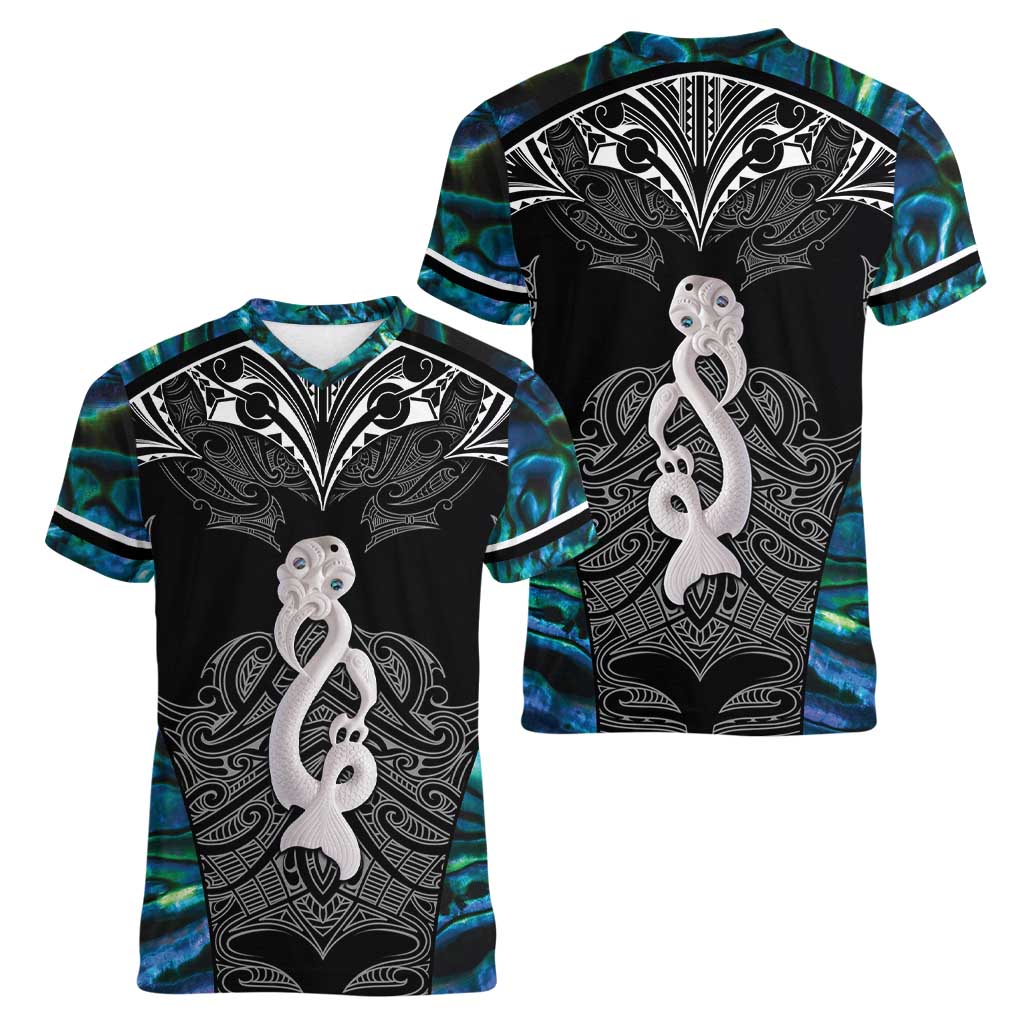 New Zealand Aotearoa Women V-Neck T-Shirt Maori Taniwha Paua Shell