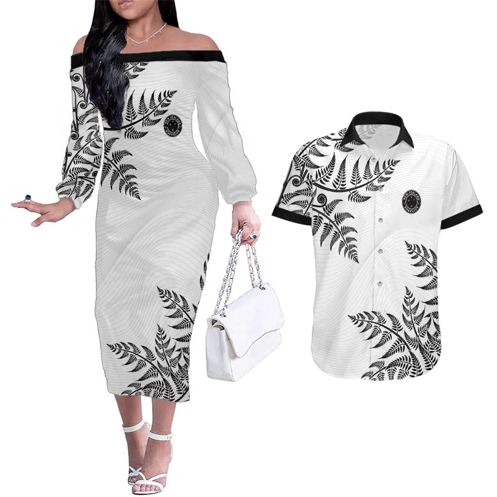 Custom New Zealand Football Couples Matching Off The Shoulder Long Sleeve Dress and Hawaiian Shirt Aotearoa Pride LT05 White - Polynesian Pride