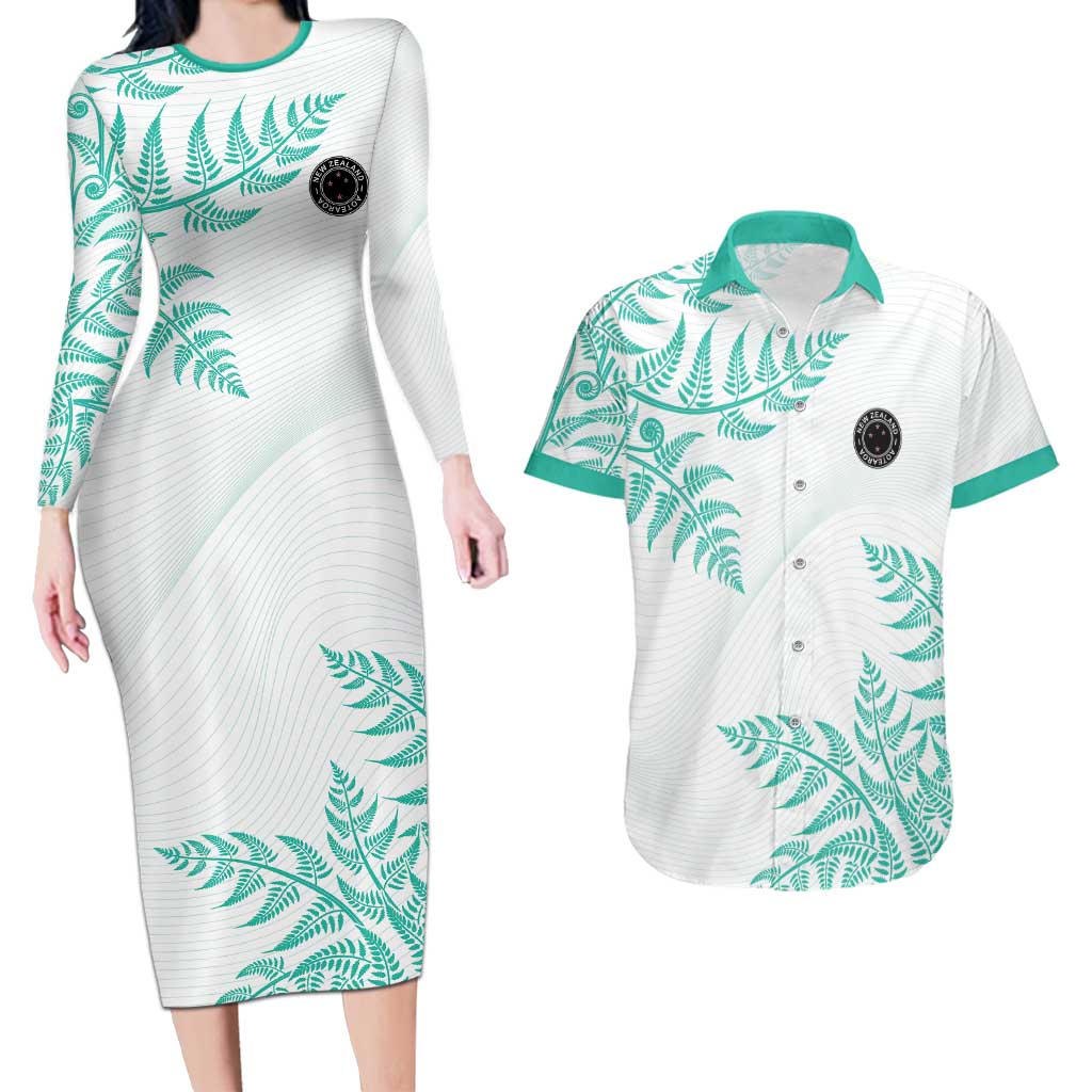 Custom New Zealand Football Couples Matching Long Sleeve Bodycon Dress and Hawaiian Shirt Aotearoa Pride Aqua Version LT05 Aqua - Polynesian Pride