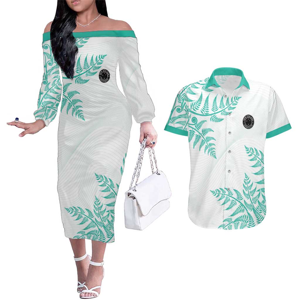 Custom New Zealand Football Couples Matching Off The Shoulder Long Sleeve Dress and Hawaiian Shirt Aotearoa Pride Aqua Version LT05 Aqua - Polynesian Pride