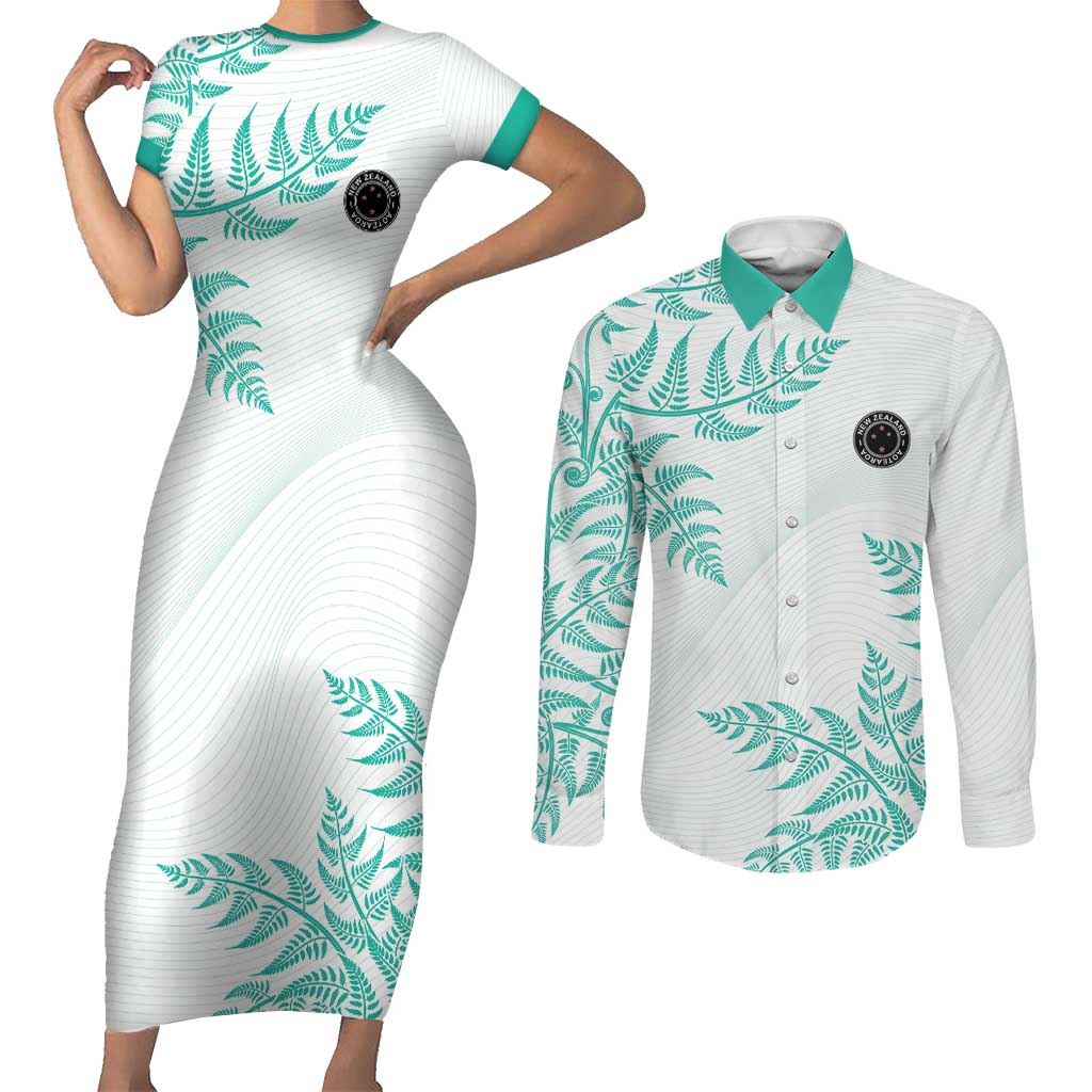 Custom New Zealand Football Couples Matching Short Sleeve Bodycon Dress and Long Sleeve Button Shirt Aotearoa Pride Aqua Version LT05 Aqua - Polynesian Pride