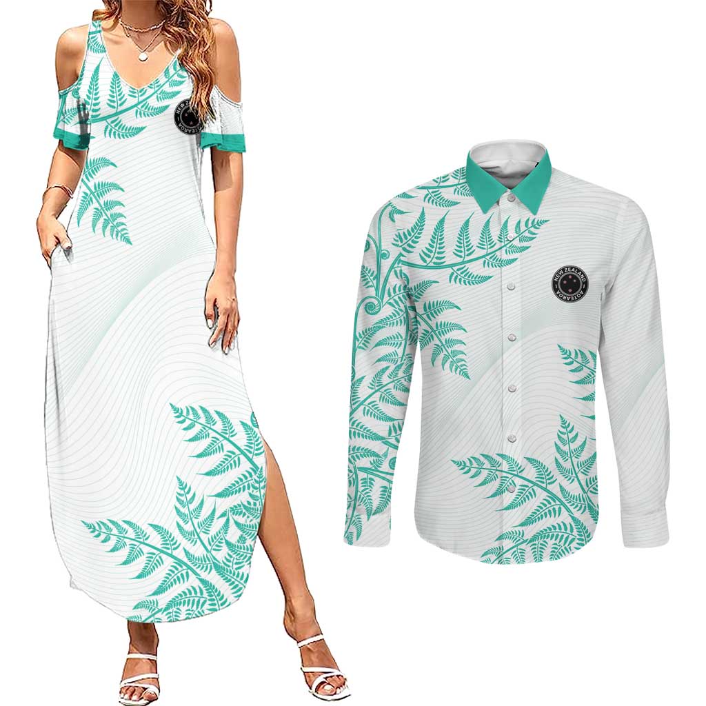 Custom New Zealand Football Couples Matching Summer Maxi Dress and Long Sleeve Button Shirt Aotearoa Pride Aqua Version - Polynesian Pride
