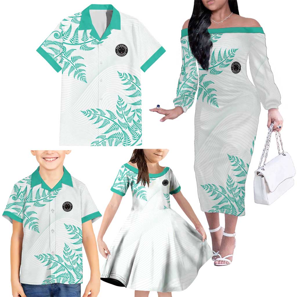 Custom New Zealand Football Family Matching Off The Shoulder Long Sleeve Dress and Hawaiian Shirt Aotearoa Pride Aqua Version LT05 - Polynesian Pride