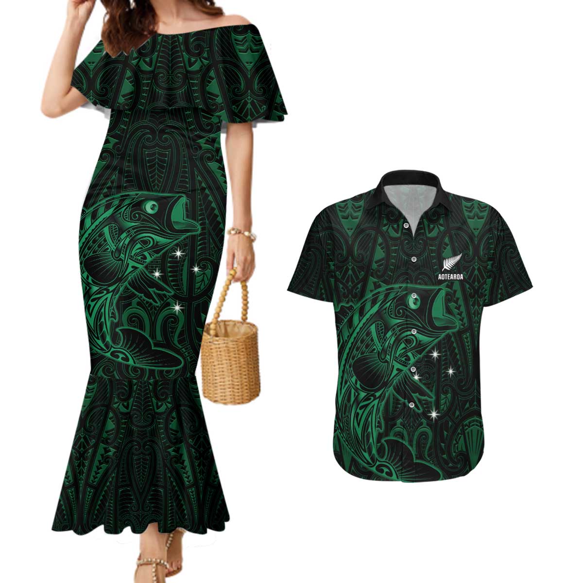 Custom New Zealand Fishing Couples Matching Mermaid Dress and Hawaiian Shirt Maori Tribal Pattern LT05 Black - Polynesian Pride