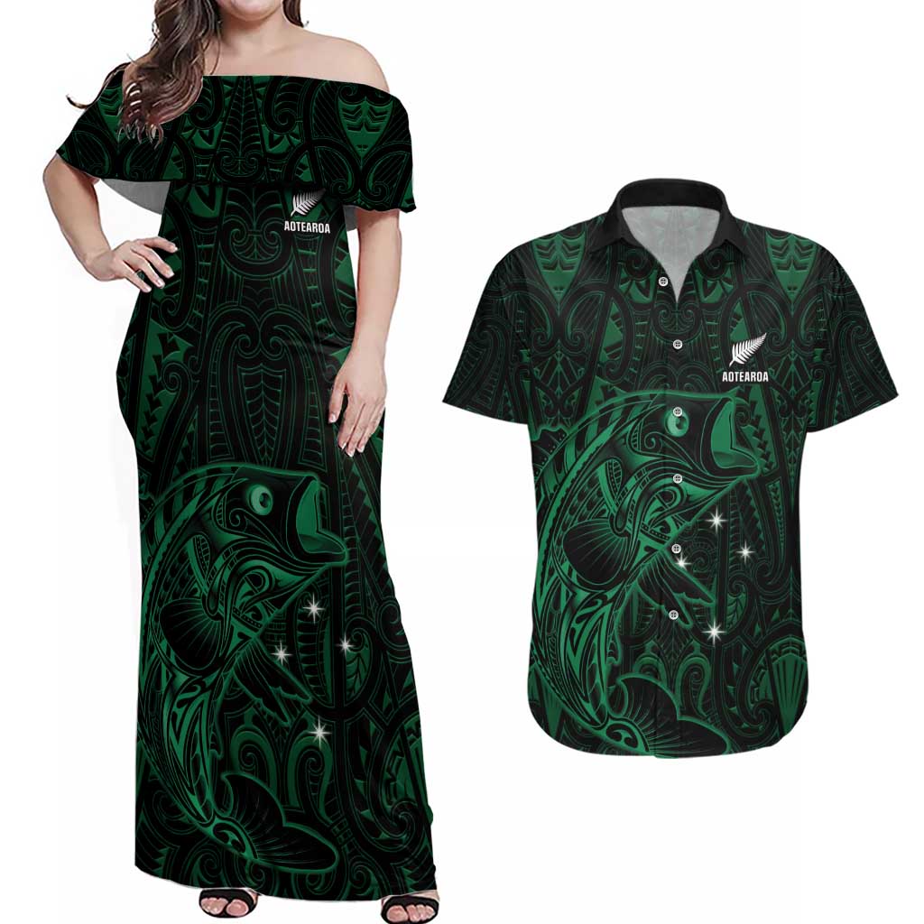 Custom New Zealand Fishing Couples Matching Off Shoulder Maxi Dress and Hawaiian Shirt Maori Tribal Pattern - Polynesian Pride