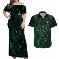 Custom New Zealand Fishing Couples Matching Off Shoulder Maxi Dress and Hawaiian Shirt Maori Tribal Pattern LT05 Black - Polynesian Pride