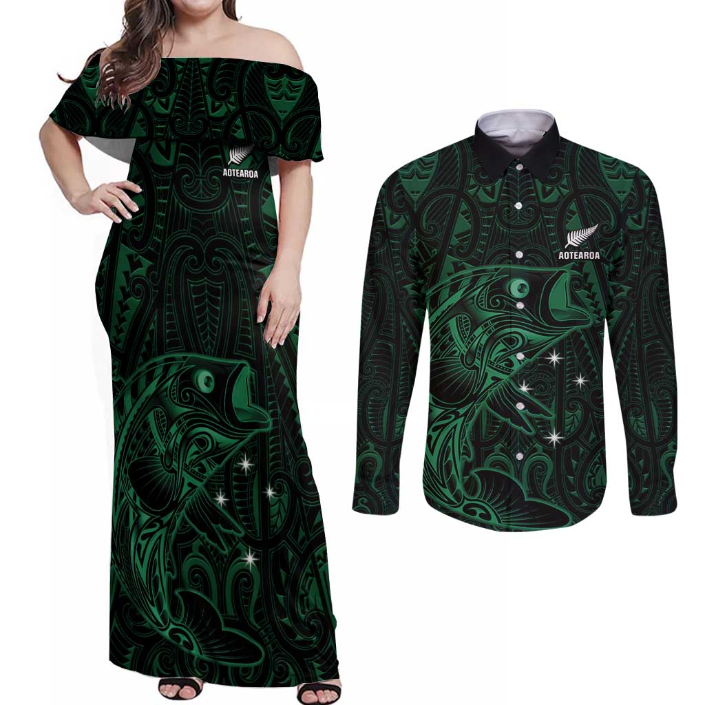 Custom New Zealand Fishing Couples Matching Off Shoulder Maxi Dress and Long Sleeve Button Shirt Maori Tribal Pattern - Polynesian Pride