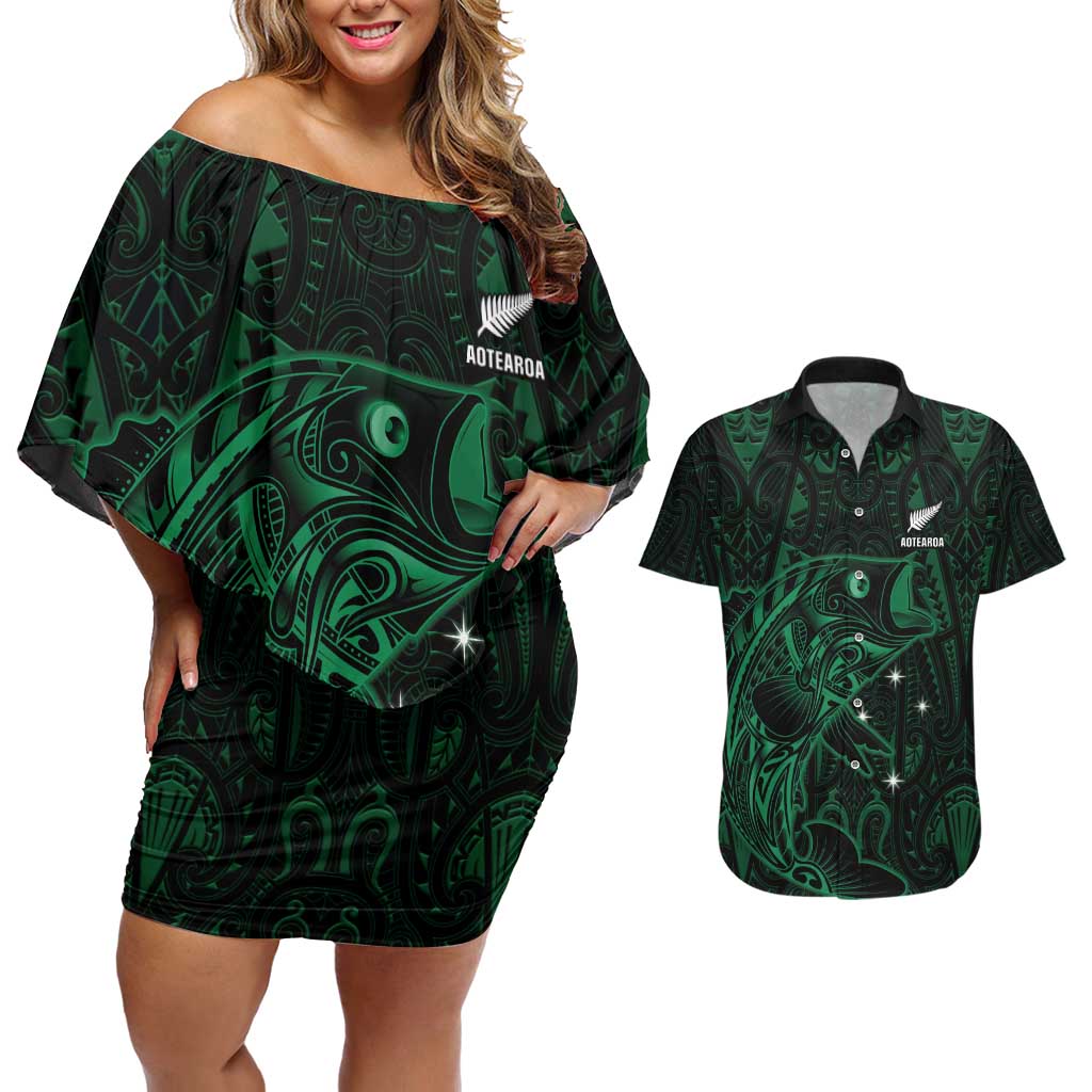 Custom New Zealand Fishing Couples Matching Off Shoulder Short Dress and Hawaiian Shirt Maori Tribal Pattern LT05 Black - Polynesian Pride