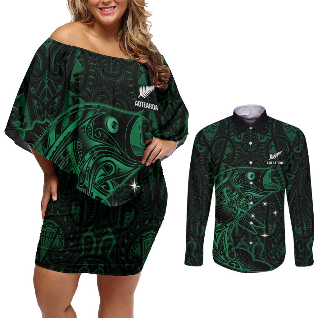 Custom New Zealand Fishing Couples Matching Off Shoulder Short Dress and Long Sleeve Button Shirt Maori Tribal Pattern LT05 Black - Polynesian Pride