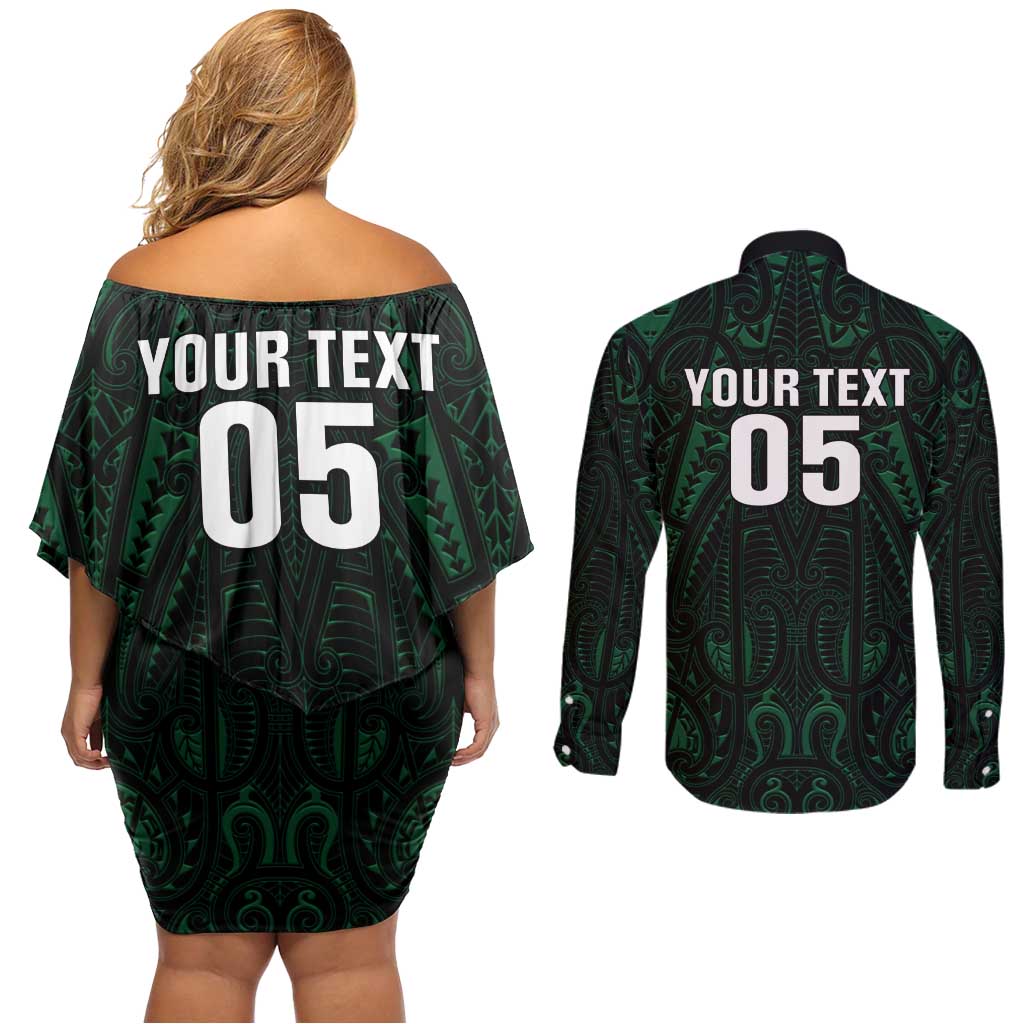 Custom New Zealand Fishing Couples Matching Off Shoulder Short Dress and Long Sleeve Button Shirt Maori Tribal Pattern - Polynesian Pride