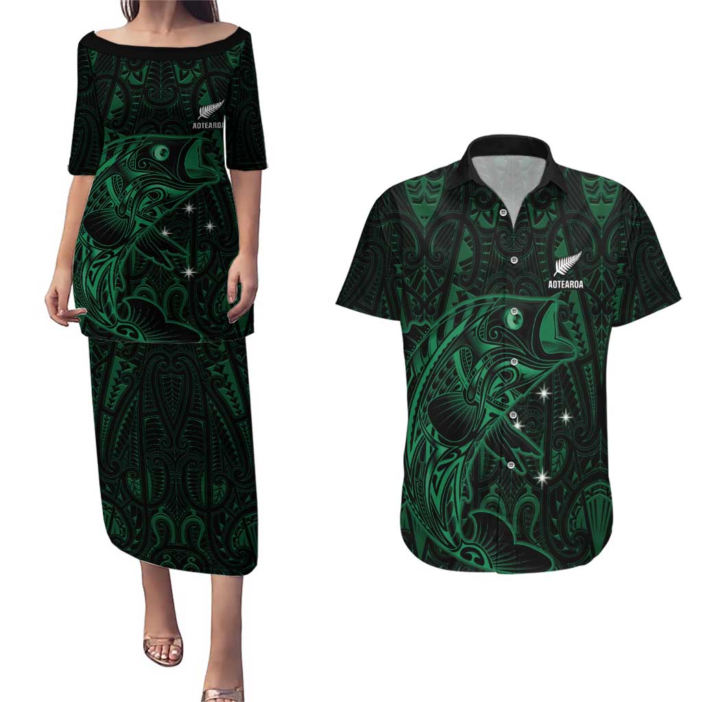 Custom New Zealand Fishing Couples Matching Puletasi and Hawaiian Shirt Maori Tribal Pattern - Polynesian Pride