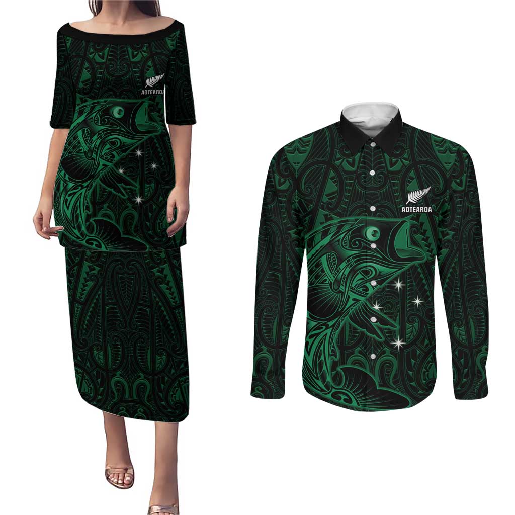 Custom New Zealand Fishing Couples Matching Puletasi and Long Sleeve Button Shirt Maori Tribal Pattern - Polynesian Pride