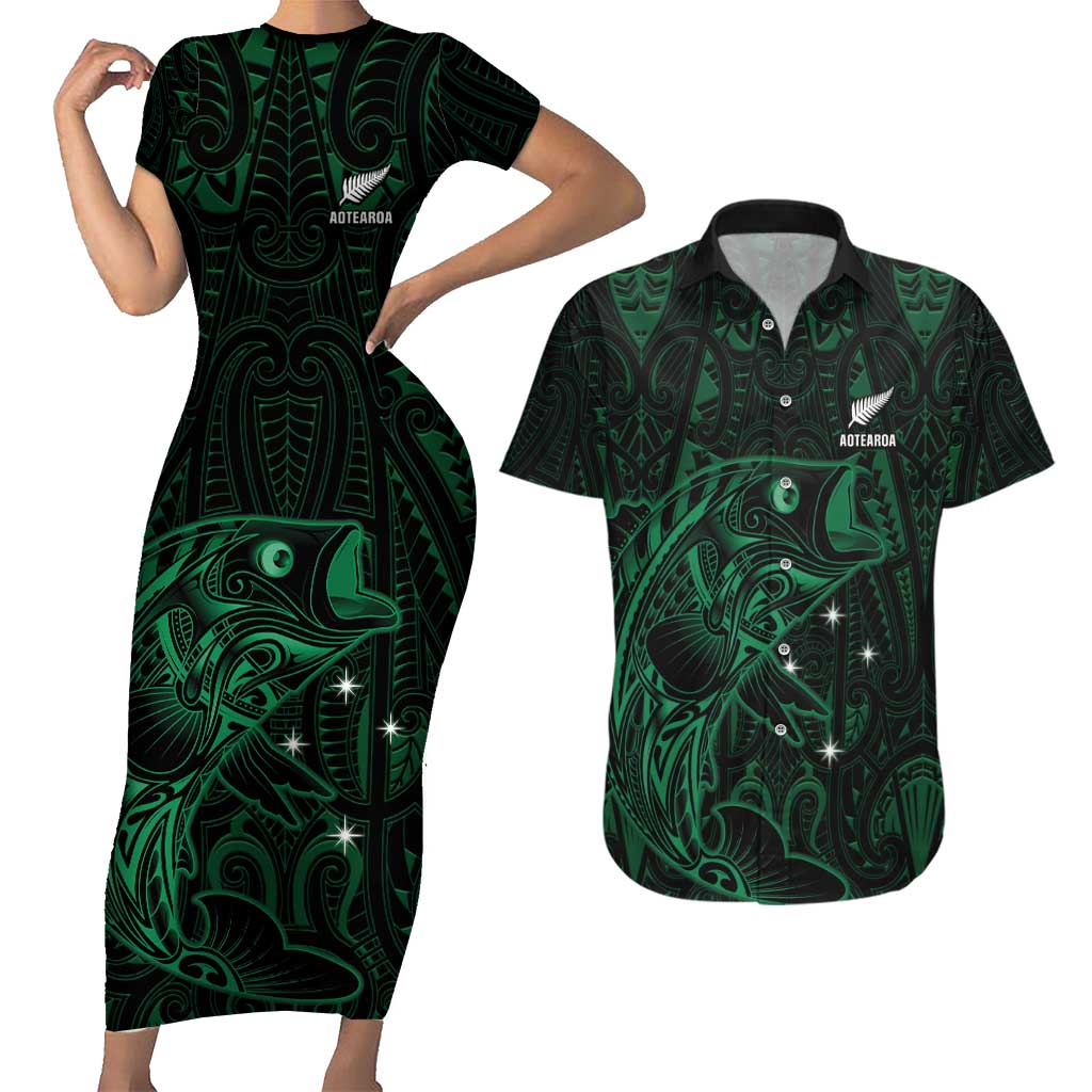 Custom New Zealand Fishing Couples Matching Short Sleeve Bodycon Dress and Hawaiian Shirt Maori Tribal Pattern - Polynesian Pride