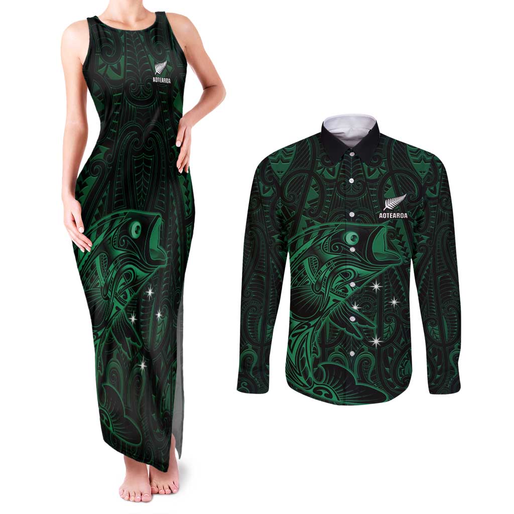 Custom New Zealand Fishing Couples Matching Tank Maxi Dress and Long Sleeve Button Shirt Maori Tribal Pattern - Polynesian Pride