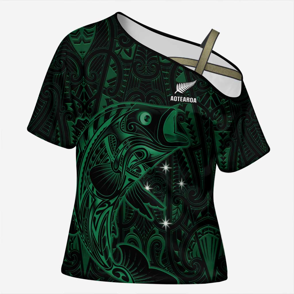 Custom New Zealand Fishing Cross Shoulder Shirt Maori Tribal Pattern - Polynesian Pride