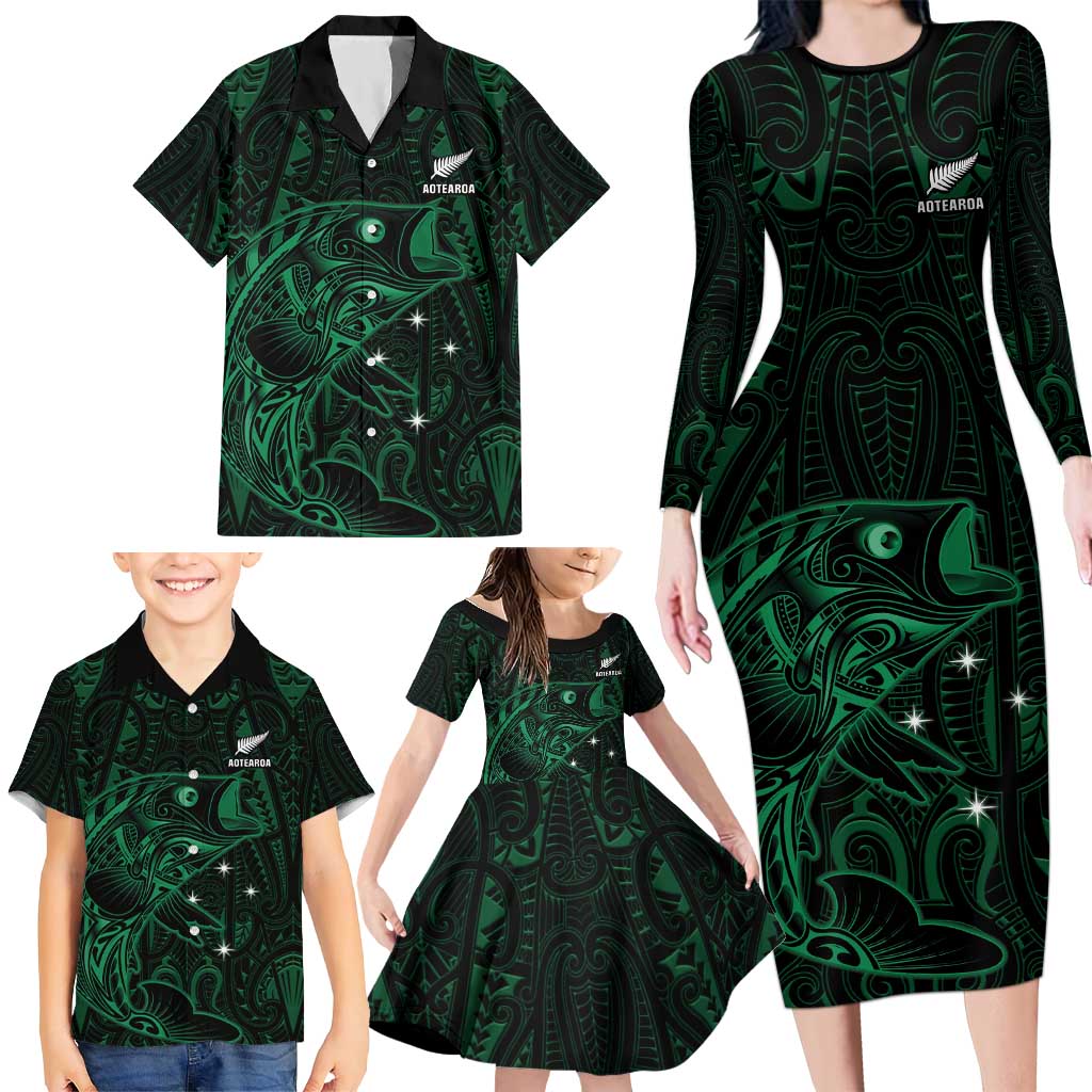 Custom New Zealand Fishing Family Matching Long Sleeve Bodycon Dress and Hawaiian Shirt Maori Tribal Pattern - Polynesian Pride