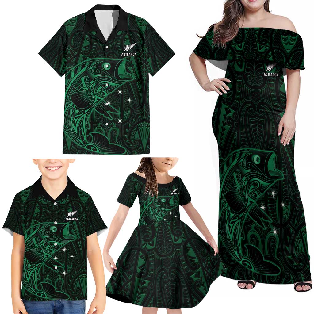 Custom New Zealand Fishing Family Matching Off Shoulder Maxi Dress and Hawaiian Shirt Maori Tribal Pattern LT05 - Polynesian Pride