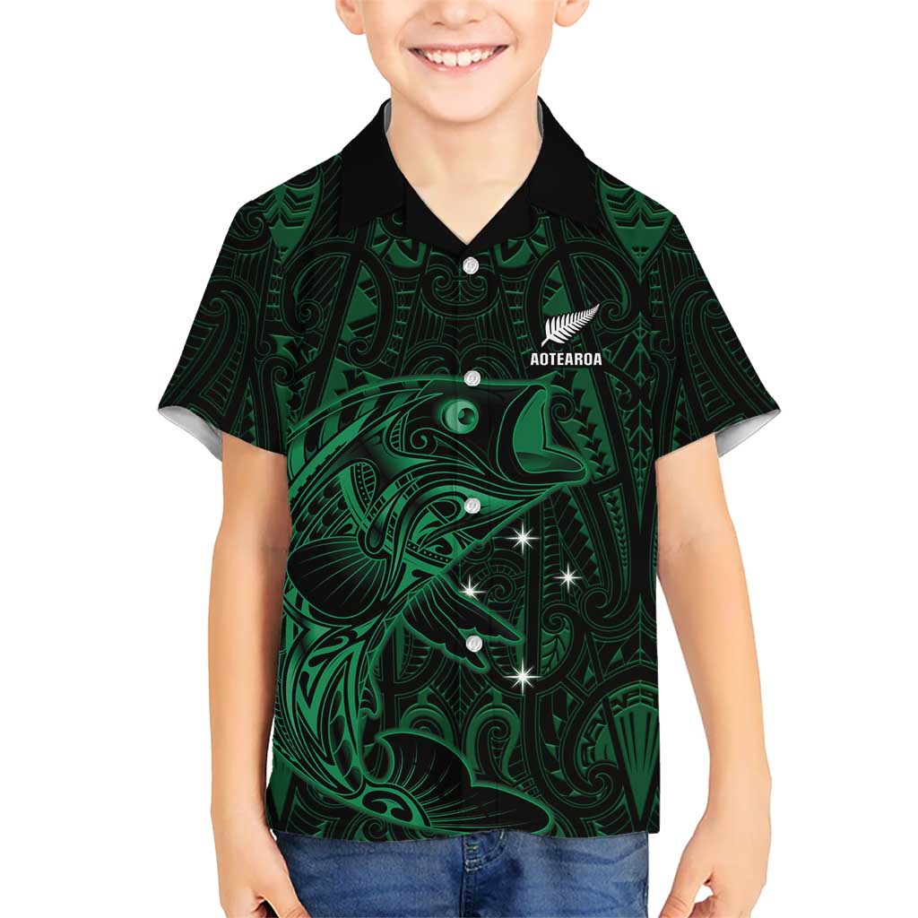 Custom New Zealand Fishing Family Matching Off Shoulder Maxi Dress and Hawaiian Shirt Maori Tribal Pattern LT05 Son's Shirt Black - Polynesian Pride